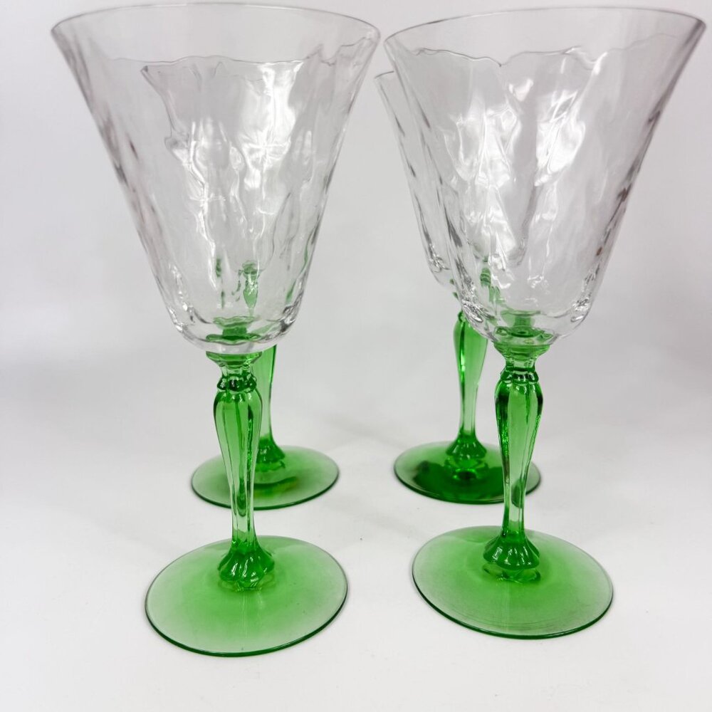 Fostoria Glass 6004 Uranium Green Stem Loop Optic Clear Water Goblets Set of 4 - Picture 4 of 6